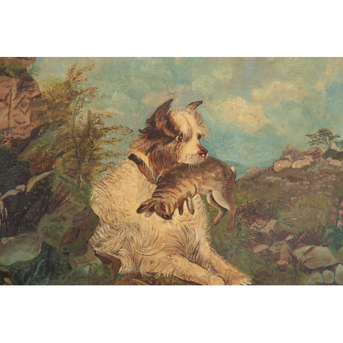 826 - A LATE 19th CENTURY OIL ON BOARD. Terrier with rabbit in mouth  in a country setting 41cm high, 59.5... 