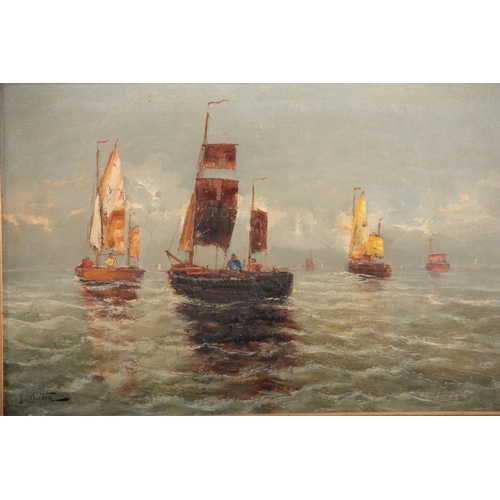 829 - F. CLAITON - 19TH CENTURY OIL ON CANVAS sailboats with figures on a calm sea 35.5cm high 56.5cm wide... 