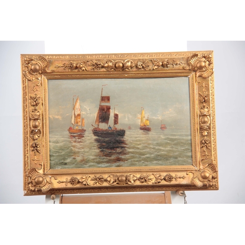 829 - F. CLAITON - 19TH CENTURY OIL ON CANVAS sailboats with figures on a calm sea 35.5cm high 56.5cm wide... 