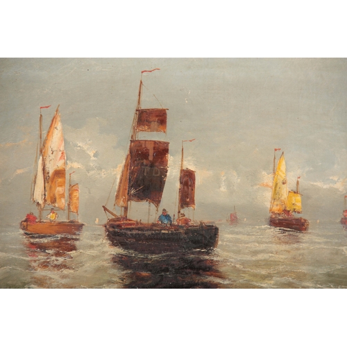 829 - F. CLAITON - 19TH CENTURY OIL ON CANVAS sailboats with figures on a calm sea 35.5cm high 56.5cm wide... 