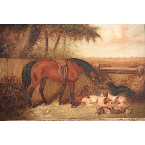 832 - GEORGE ARMFIELD 1808-93 - OIL ON RELINED CANVAS horse and dogs resting in a landscape 49.5cm high, 7... 