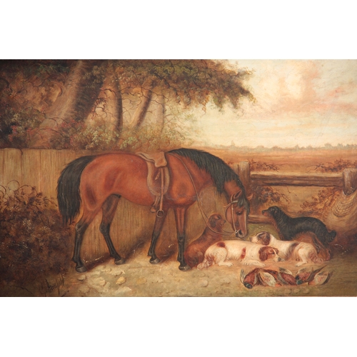 832 - GEORGE ARMFIELD 1808-93 - OIL ON RELINED CANVAS horse and dogs resting in a landscape 49.5cm high, 7... 