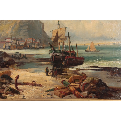 836 - A 19th CENTURY OIL ON CANVAS. Coastal fishing scene 70cm high, 90cm wide - indistinct signature, in ... 