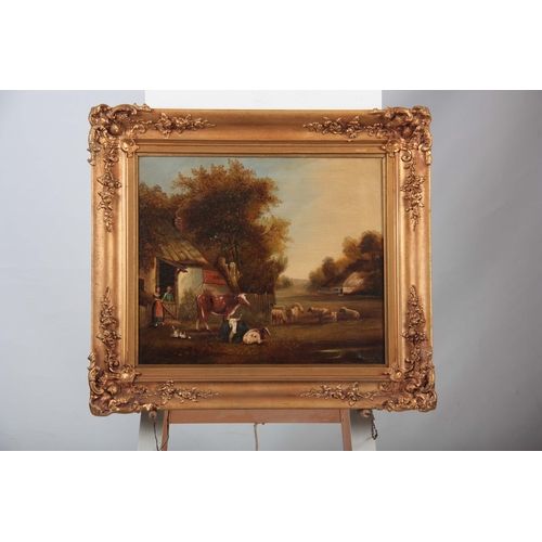 841 - A CHARLES GREEN (1840 - 1898)  A 19TH CENTURY OIL ON CANVAS DEPICTING A VILLAGE SCENE WITH ANIMALS I... 