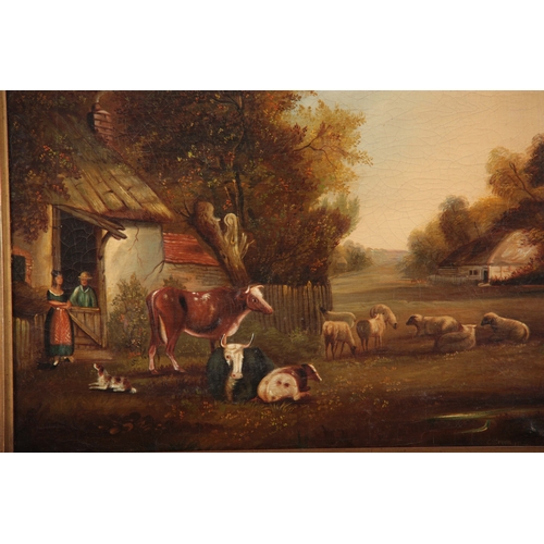 841 - A CHARLES GREEN (1840 - 1898)  A 19TH CENTURY OIL ON CANVAS DEPICTING A VILLAGE SCENE WITH ANIMALS I... 