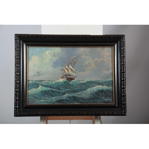 842 - C. HAGENER A 19TH CENTURY OIL ON CANVAS MARINE SCENE depicting a ship in full sail on rough seas 52c... 