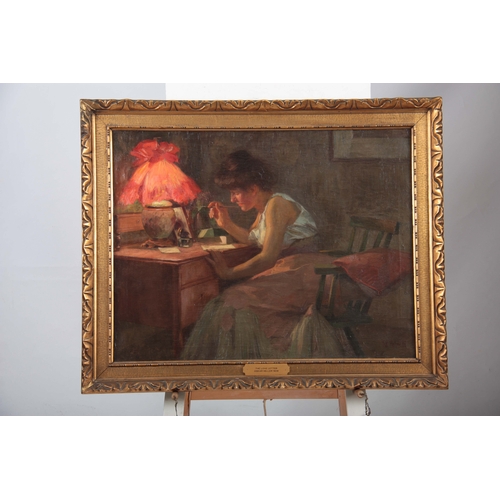 845 - OSKAR HELLER, 1906. 'THE LOVE LETTER' OIL ON CANVAS depicting a young Lady sat writing a love letter... 