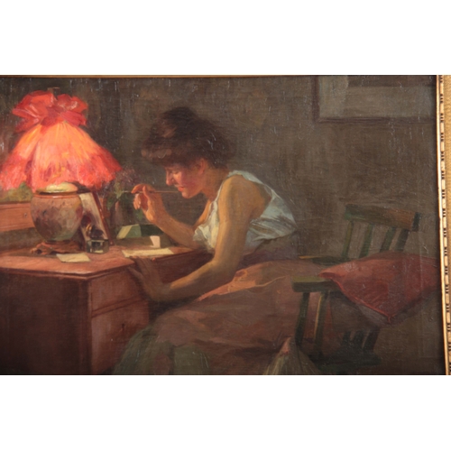 845 - OSKAR HELLER, 1906. 'THE LOVE LETTER' OIL ON CANVAS depicting a young Lady sat writing a love letter... 