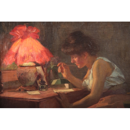 845 - OSKAR HELLER, 1906. 'THE LOVE LETTER' OIL ON CANVAS depicting a young Lady sat writing a love letter... 