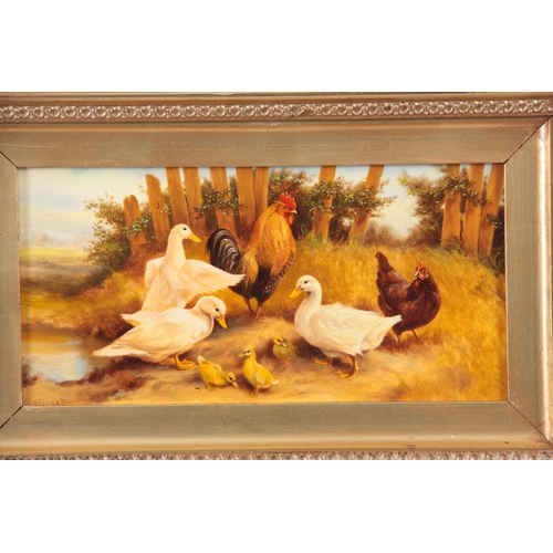 847 - A 20TH CENTURY OIL ON PANEL OF A FARMYARD SCENE DEPICTING DUCKS AND CHICKENS signed and in the circl... 