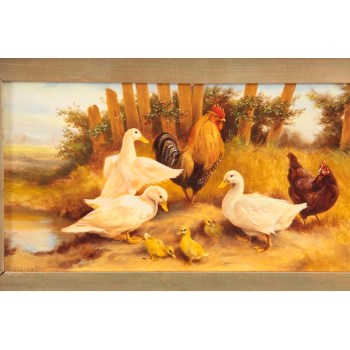 847 - A 20TH CENTURY OIL ON PANEL OF A FARMYARD SCENE DEPICTING DUCKS AND CHICKENS signed and in the circl... 