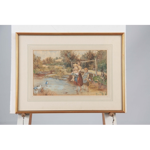 849 - A PAIR OF 19TH CENTURY WATERCOLOURS having wooded landscape scenes with children playing around pond... 