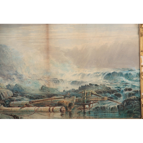 851 - RICHARD HARRY CARTER - WATERCOLOUR. Stormy rocky coastal scene with ruins to the foreground 33cm hig... 