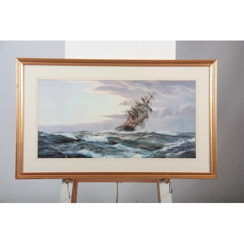 860 - MONTAGUE DAWSON. Two large coloured MARINE  PRINTS depicting galleons in full sail  50cms by 75cms a... 