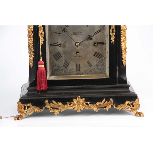 1003 - A LATE 19th CENTURY EBONISED EIGHT BELL QUARTER CHIMING BRACKET CLOCK the case with pagoda top pedim... 