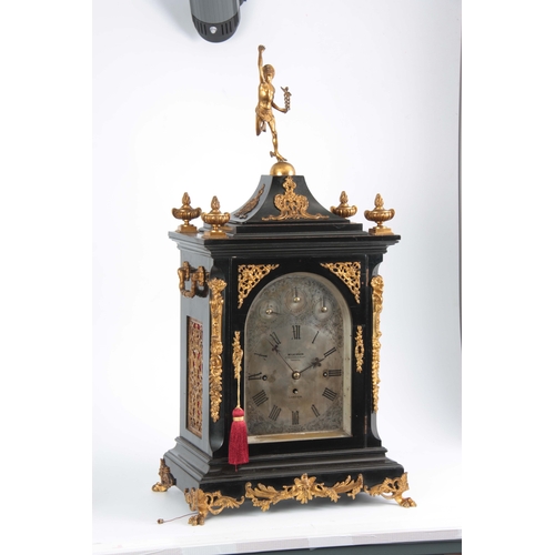 1003 - A LATE 19th CENTURY EBONISED EIGHT BELL QUARTER CHIMING BRACKET CLOCK the case with pagoda top pedim... 