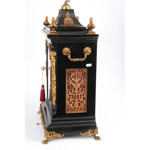 1003 - A LATE 19th CENTURY EBONISED EIGHT BELL QUARTER CHIMING BRACKET CLOCK the case with pagoda top pedim... 