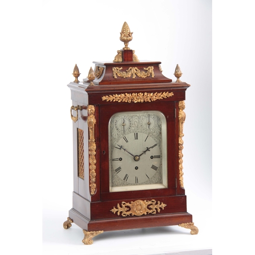 1009 - A LATE 19th CENTURY MAHOGANY EIGHT BELL QUARTER CHIMING BRACKET CLOCK the case with bell top pedimen... 