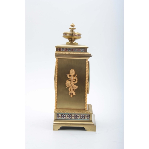 1010 - A LATE 19TH CENTURY FRENCH LACQUERED BRASS AND CHAMPLEVE ENAMEL MANTEL CLOCK with stepped leaf edged... 