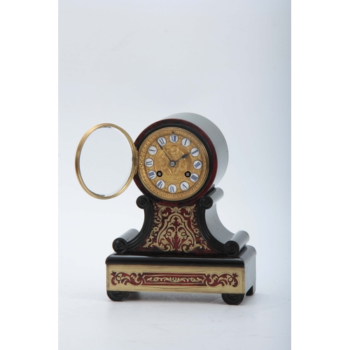 1012 - A 19TH CENTURY FRENCH EBONIZED AND BOULLEWORK MANTEL CLOCK with a platform base and scrolled sides b... 