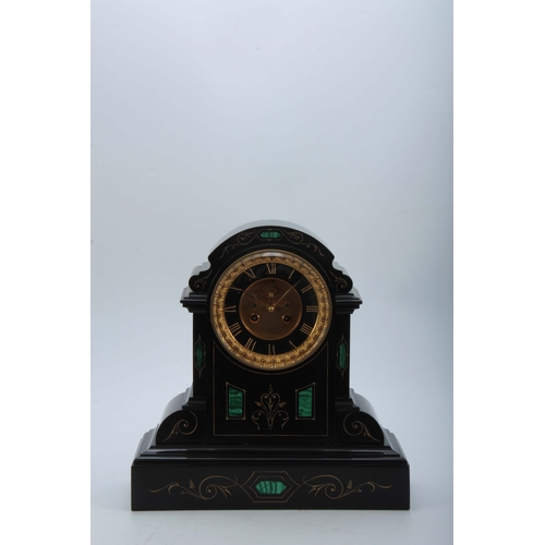 1013 - A GOOD 19TH CENTURY BLACK SLATE AND MALACHITE PANELLED MANTEL CLOCK with scratch carved gilt floral ... 