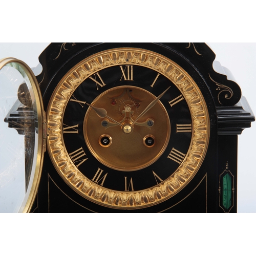 1013 - A GOOD 19TH CENTURY BLACK SLATE AND MALACHITE PANELLED MANTEL CLOCK with scratch carved gilt floral ... 