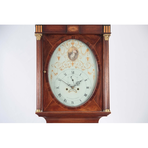 1014 - JOSEPH FURNASS. NORTH SHORE. A LATE GEORGE III FIGURED MAHOGANY INLAID OVAL DIAL LONGCASE CLOCK havi... 