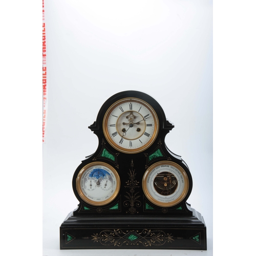 1015 - A GOOD 19TH CENTURY FRENCH BLACK SLATE AND MALACHITE PANELLED LARGE MANTEL CLOCK/BAROMETER WITH PERP... 