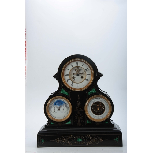 1015 - A GOOD 19TH CENTURY FRENCH BLACK SLATE AND MALACHITE PANELLED LARGE MANTEL CLOCK/BAROMETER WITH PERP... 