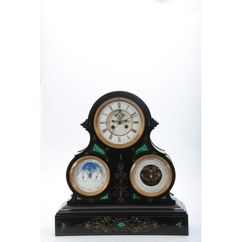 1015 - A GOOD 19TH CENTURY FRENCH BLACK SLATE AND MALACHITE PANELLED LARGE MANTEL CLOCK/BAROMETER WITH PERP... 