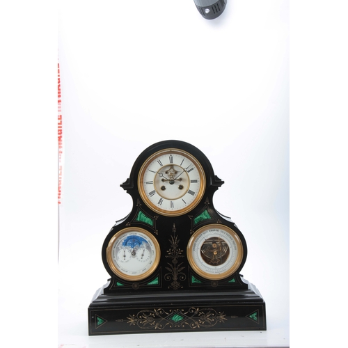 1015 - A GOOD 19TH CENTURY FRENCH BLACK SLATE AND MALACHITE PANELLED LARGE MANTEL CLOCK/BAROMETER WITH PERP... 