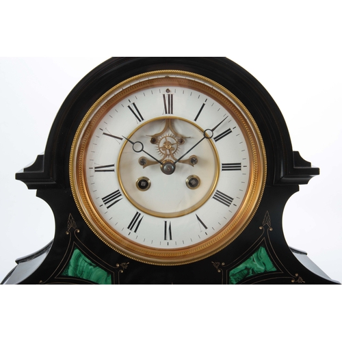 1015 - A GOOD 19TH CENTURY FRENCH BLACK SLATE AND MALACHITE PANELLED LARGE MANTEL CLOCK/BAROMETER WITH PERP... 