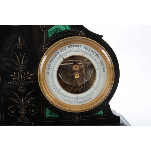 1015 - A GOOD 19TH CENTURY FRENCH BLACK SLATE AND MALACHITE PANELLED LARGE MANTEL CLOCK/BAROMETER WITH PERP... 