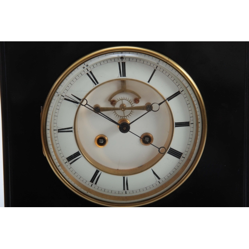 1016 - A 19TH CENTURY FRENCH LARGE BLACK SLATE MANTEL CLOCK with platform base and white enamel dial with R... 