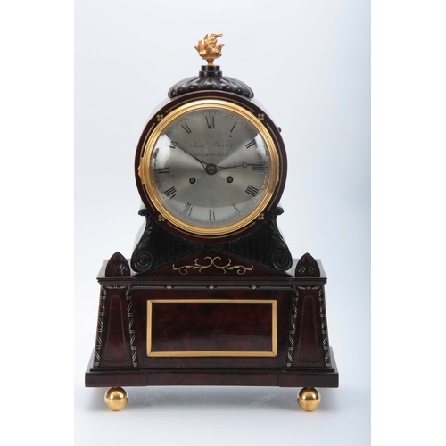 1021 - SAMUAL BIRLEY, BIRMINGHAM. A REGENCY BRASS INLAID FLAMED MAHOGANY BRACKET CLOCK with carved gadroone... 