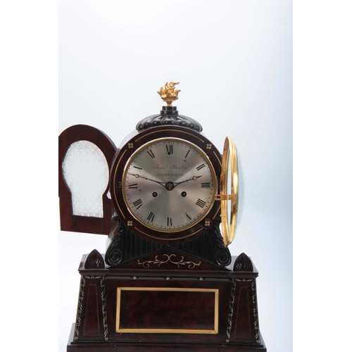 1021 - SAMUAL BIRLEY, BIRMINGHAM. A REGENCY BRASS INLAID FLAMED MAHOGANY BRACKET CLOCK with carved gadroone... 