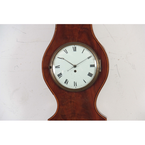 1027 - FRANCIS WEST. LONDON. A GEORGE III FIGURED MAHOGANY WHEEL BAROMETER WITH CLOCK the round top case wi... 