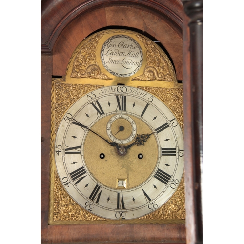 1029 - GEORGE CLARKE, LEADEN HALL STREET, LONDON. A GEORGE II WALNUT LONGCASE CLOCK the pagoda top and conc... 