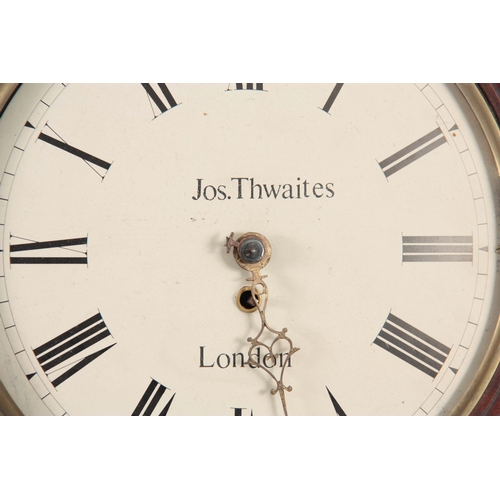 1030 - JOS. THWAITES, LONDON. A 19TH CENTURY FLAMED MAHOGANY DROP DIAL FUSEE WALL CLOCK with brass inlaid s... 