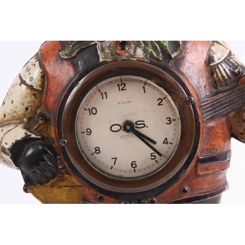 1042 - A LATE 19TH CENTURY AMERICAN PAINTED CAST IRON MANTLE CLOCK formed as a black banjo player with remo... 