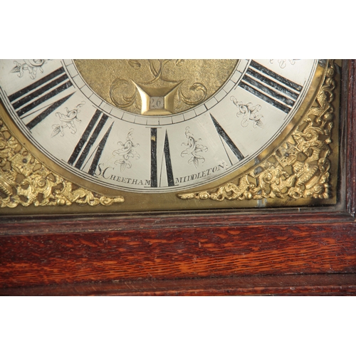 1046 - SAMUEL CHEETHAM, MIDDLETON. A MID 18th CENTURY OAK LONGCASE CLOCK  the hood having a caddy top above... 