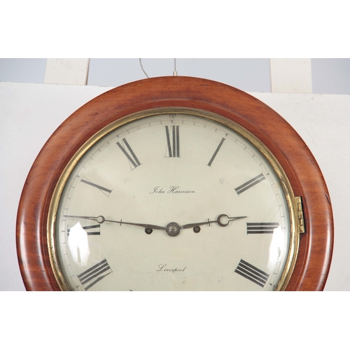 1049 - JOHN HARRISON, LIVERPOOL. A MID 19th CENTURY FIGURED MAHOGANY DROP DIAL WALL CLOCK the case having a... 