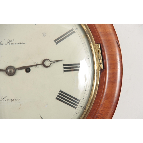 1049 - JOHN HARRISON, LIVERPOOL. A MID 19th CENTURY FIGURED MAHOGANY DROP DIAL WALL CLOCK the case having a... 