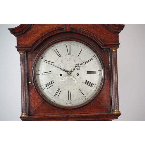 1051 - JAMES BROWN, MATLOCK. A GEORGE III OAK LONGCASE CLOCK  the hood having a swan-neck pediment above a ... 