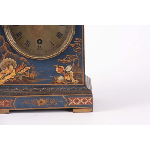 1053 - AN EARLY 20th CENTURY CHINOISERIE LACQUERED MANTEL CLOCK the case of rectangular form enclosing a 4