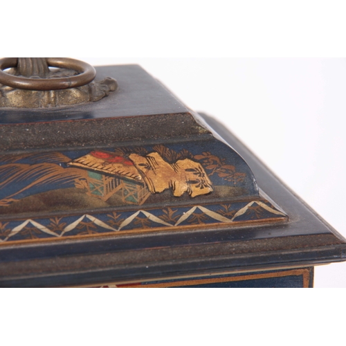 1053 - AN EARLY 20th CENTURY CHINOISERIE LACQUERED MANTEL CLOCK the case of rectangular form enclosing a 4