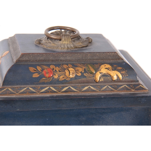 1053 - AN EARLY 20th CENTURY CHINOISERIE LACQUERED MANTEL CLOCK the case of rectangular form enclosing a 4