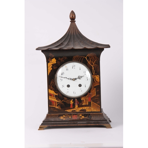 1054 - AN EARLY 20th CENTURY CHINOISERIE LACQUERED MANTEL CLOCK with pagoda-style top above a 5.5