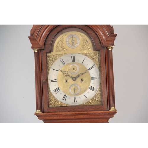 1058 - J. HARRIS, LONDON. AN 18th CENTURY OAK CASED LONGCASE CLOCK  the hood having a moulded pediment abov... 