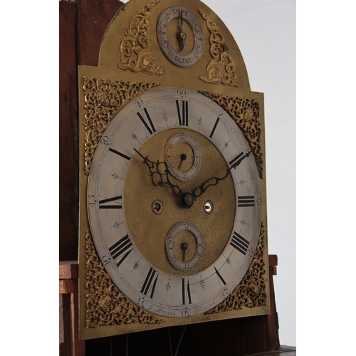 1058 - J. HARRIS, LONDON. AN 18th CENTURY OAK CASED LONGCASE CLOCK  the hood having a moulded pediment abov... 